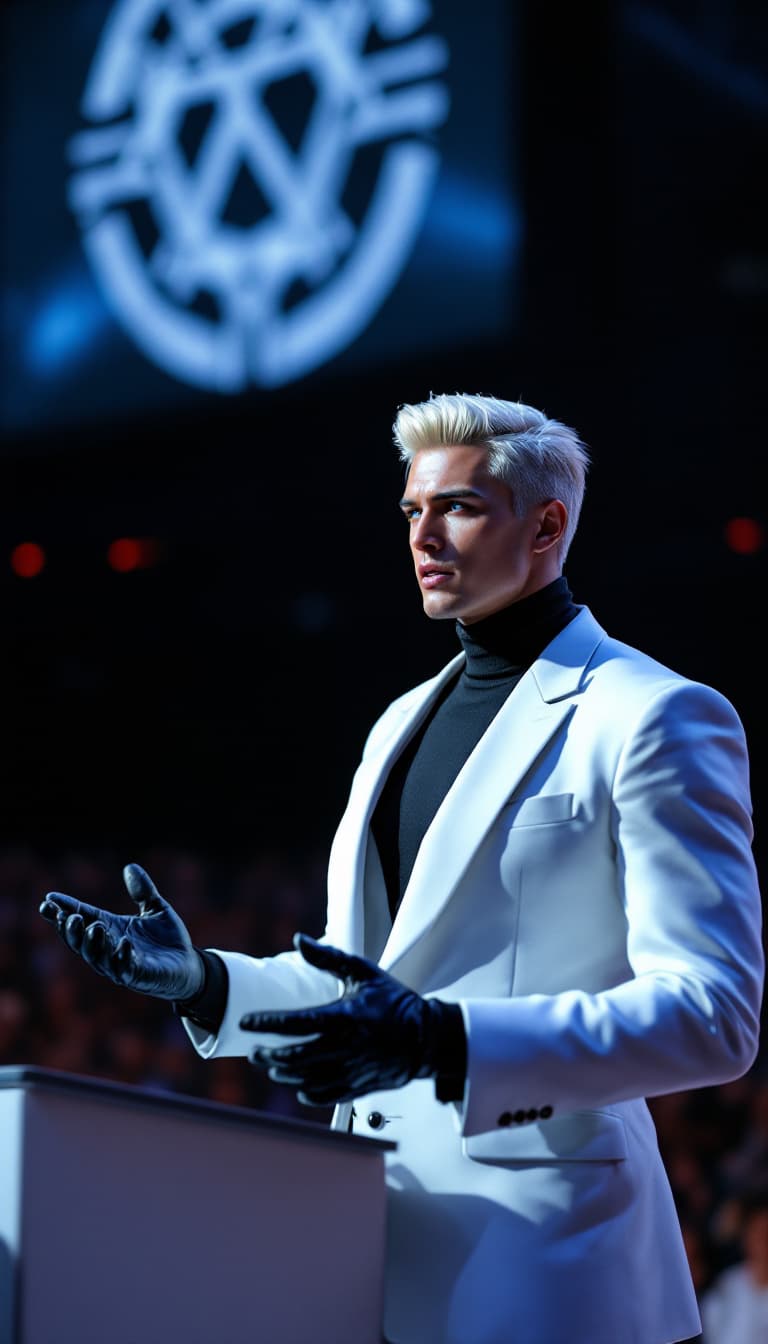 AI generated: A photorealistic candid shot of a strikingly composed young CEO inspired by Rufus from Final Fantasy...