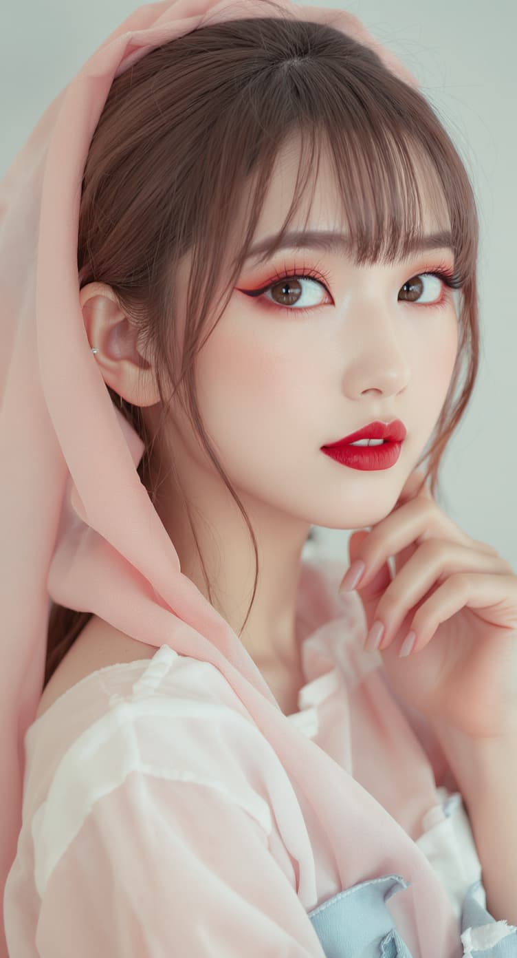 AI generated: A close-up of a 25-year-old Japanese girl singer idol makeup. Photography: "Captured with a 50mm len...