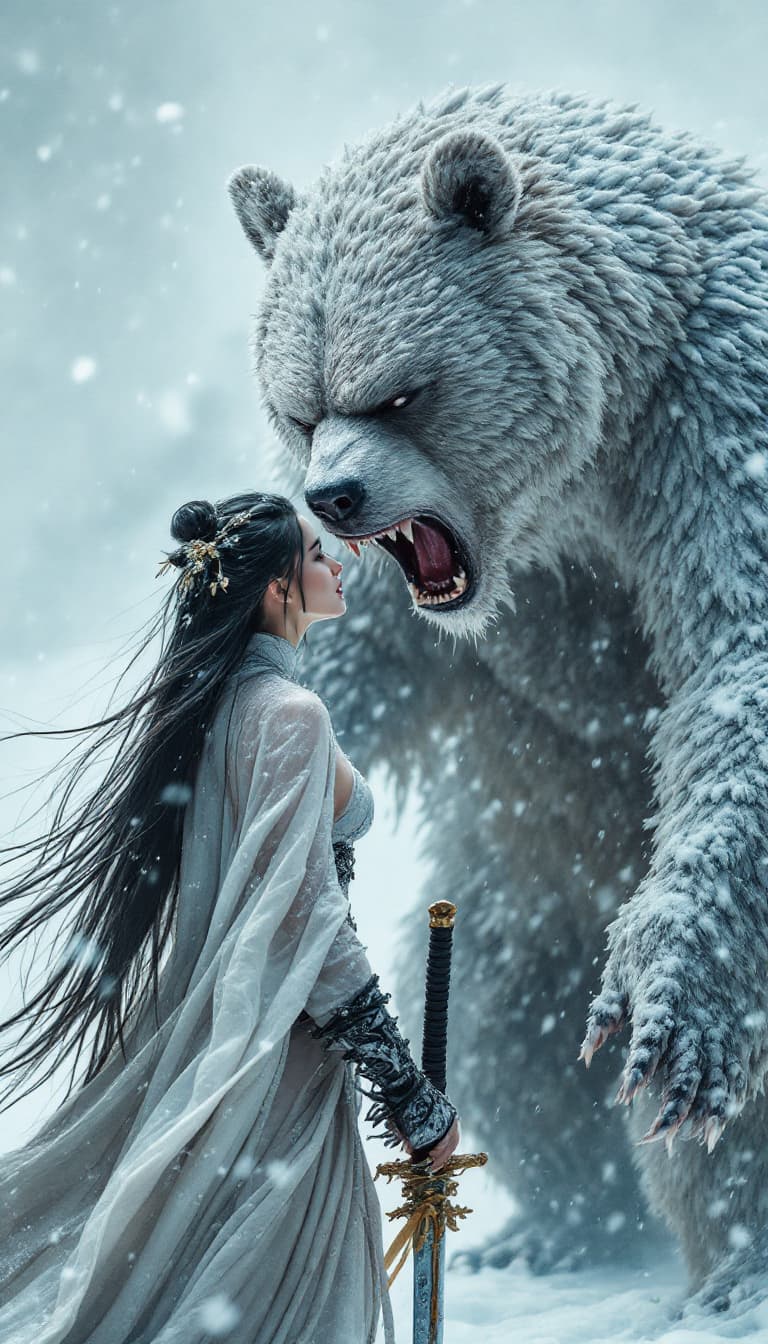 AI generated: A surreal movie scene, a Chinese ninja and a stunning beauty standing in a fierce snowstorm, the Chi...