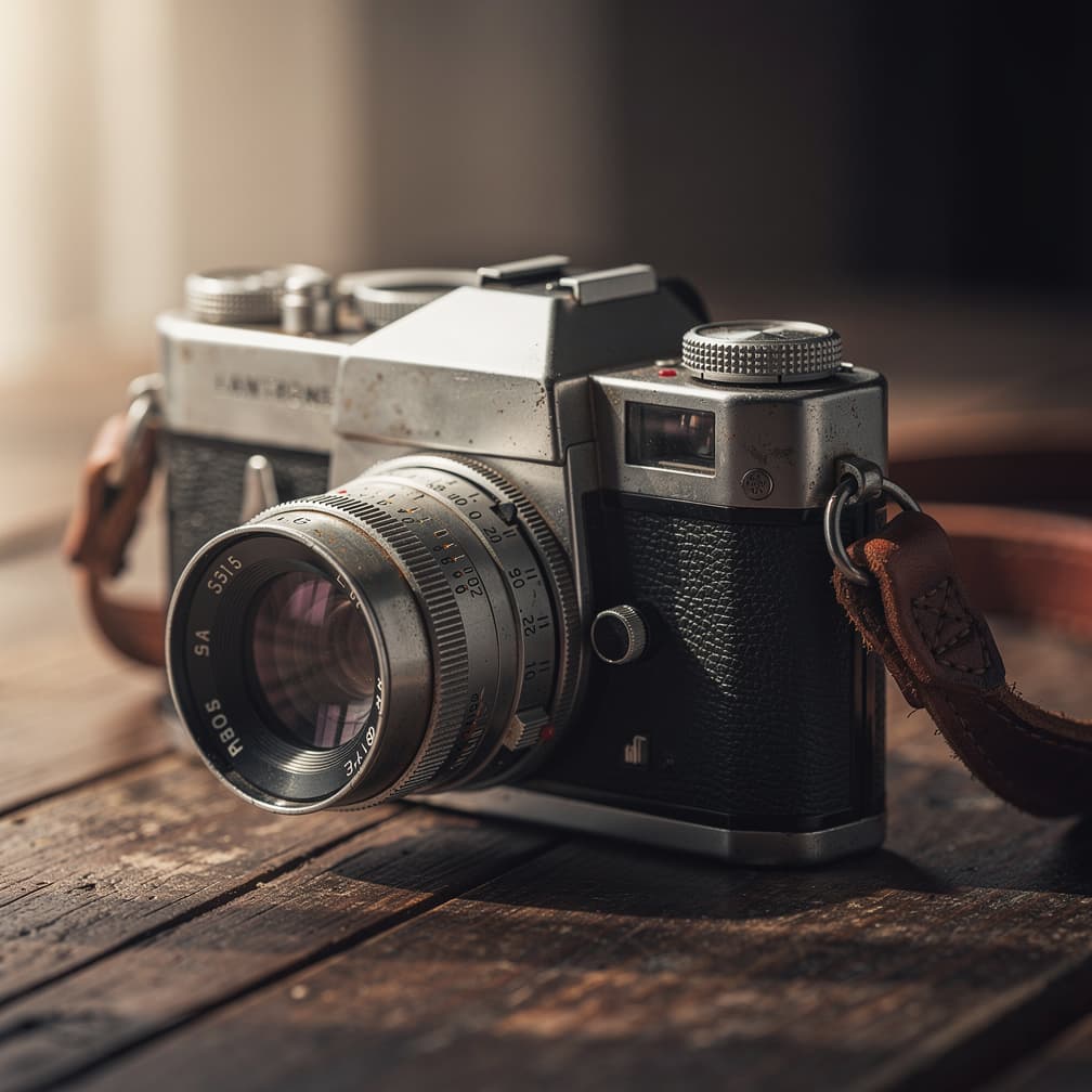 AI generated: Vintage camera with a leather strap, photorealistic style, classic mood.

