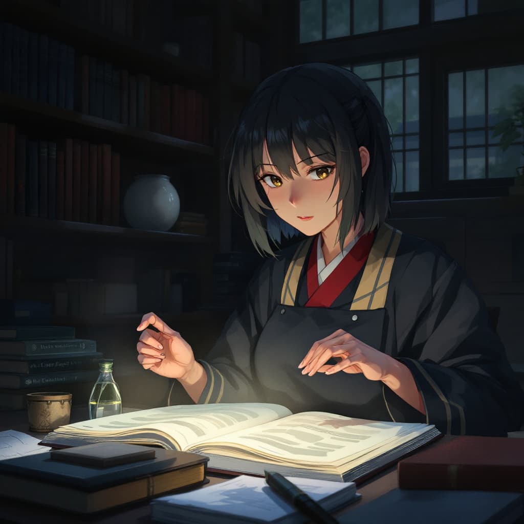 AI generated: Ayanokoji Kiyotaka, Library, academia, dark academia, evening, reading book.