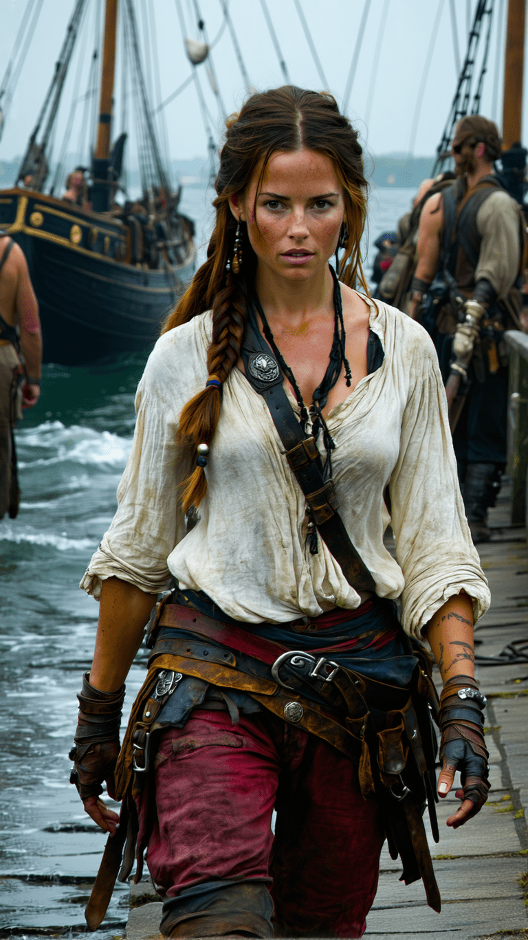 AI generated: A resilient pirate captain, with weathered skin, a determined gaze and hair braided with found objec...