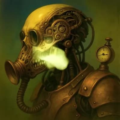 AI generated video: la imagen mira a la camara, los engranges y mecanismos de la cabeza se mueven, el barometro que esta...