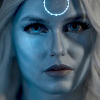 AI generated video: porcelain face of a woman with the zodiac sign of fish porcelain colors 1porcelain  opens eyes telef...
