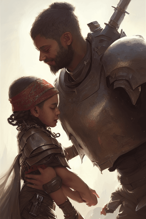 AI generated: portrait of male epic armored war commander hugging female kids with hijab. highly detailed, digital...