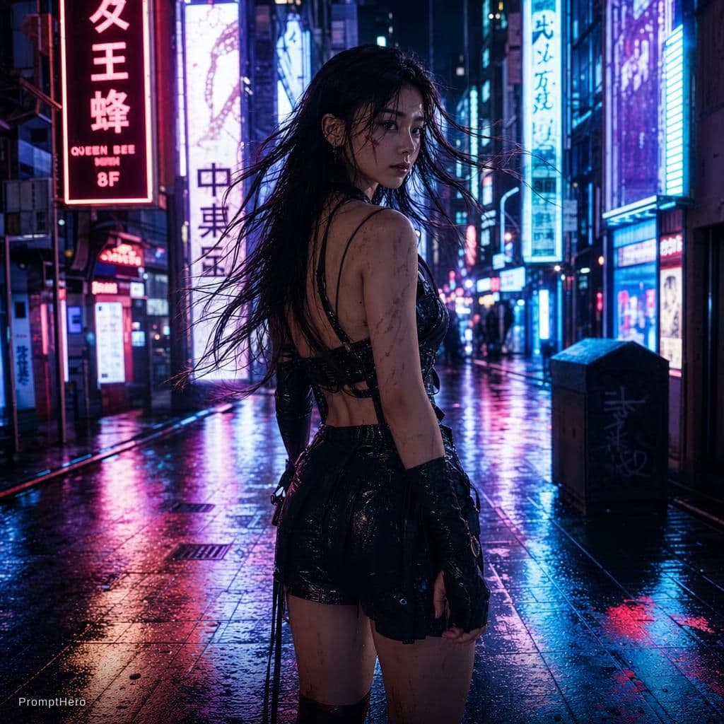 AI generated:  beautiful cyberpunk girl walking slowly in a rainy neon Tokyo street at night,
 cinematic tracking ...