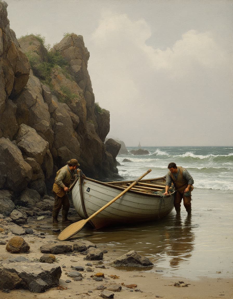AI generated: A  painting inspired by Albrecht Durer of a rocky beach where a rowboat has been hauled out of the w...