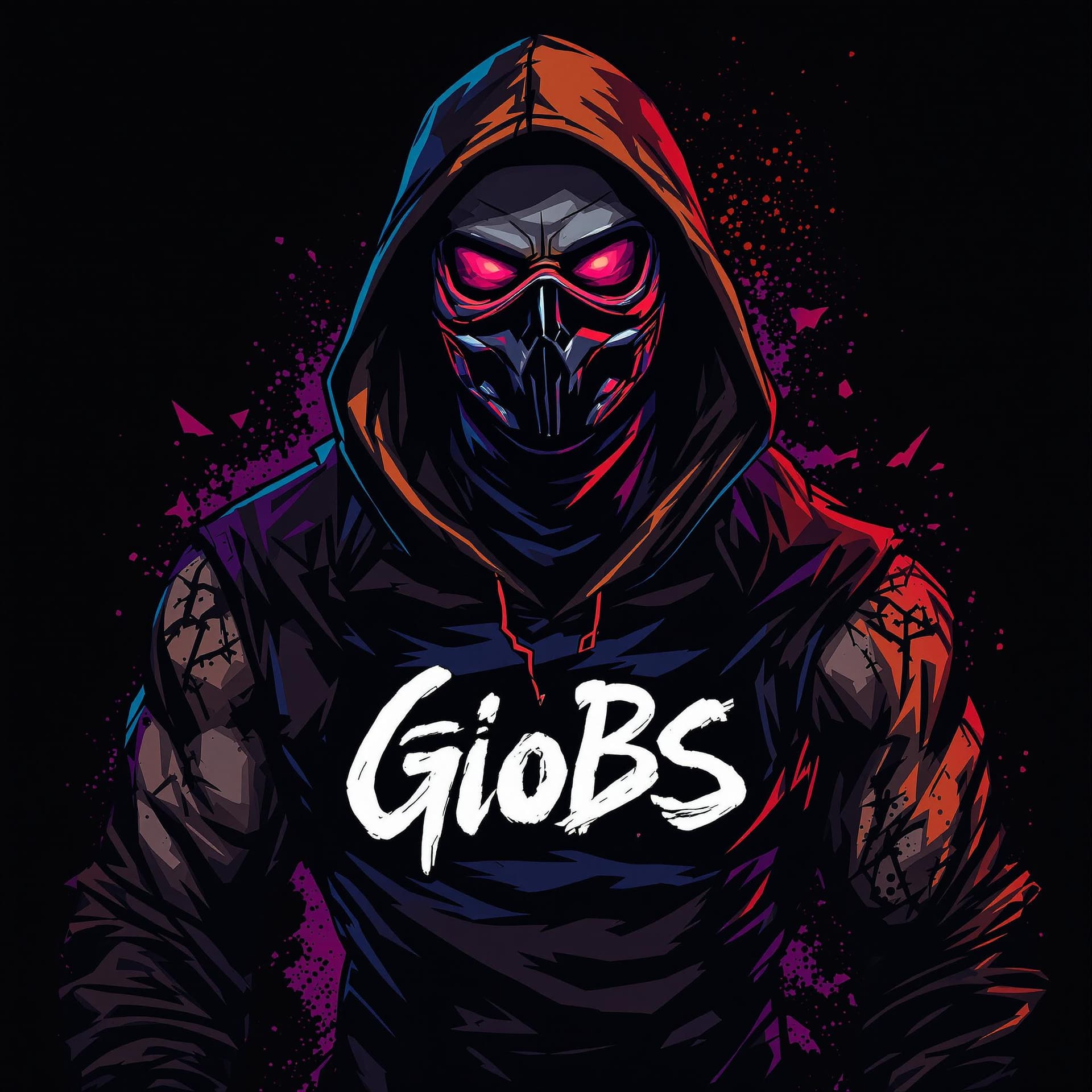 AI generated: gaming muscle man with hoodies and an extreme mask rgb writen on chest "GioBS" 