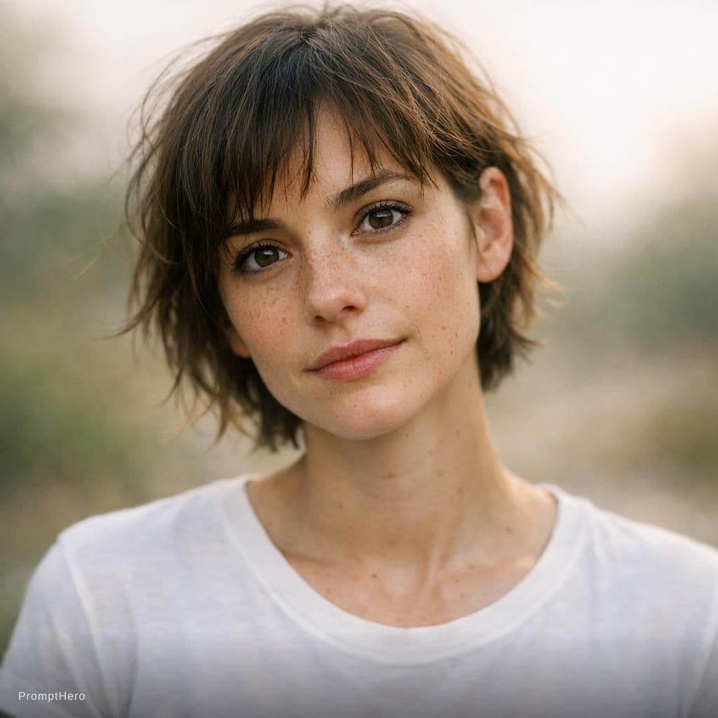 AI generated: Hyper realistic upper body portrait of a woman with round expressive eyes, subtle freckles and short...