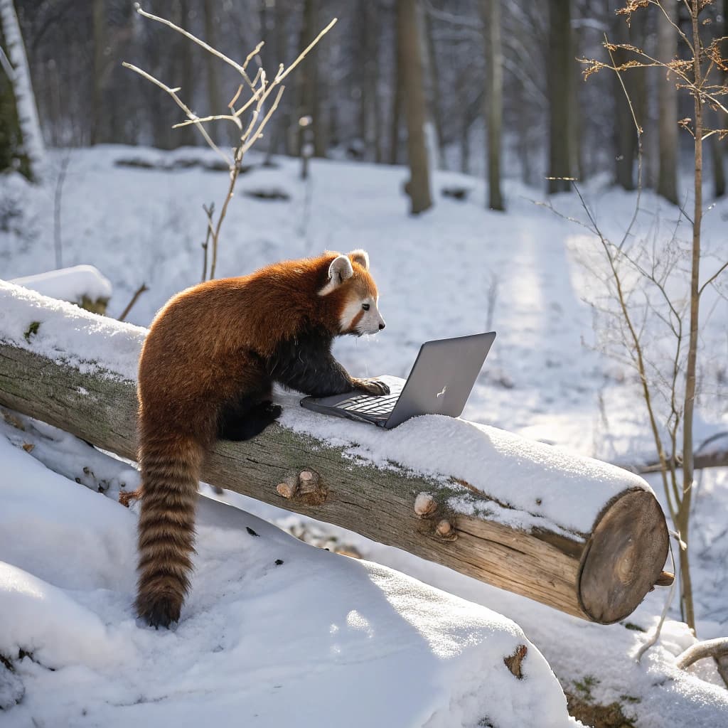 AI generated: a wildlife photography photo of a red panda using a laptop in a snowy forest
