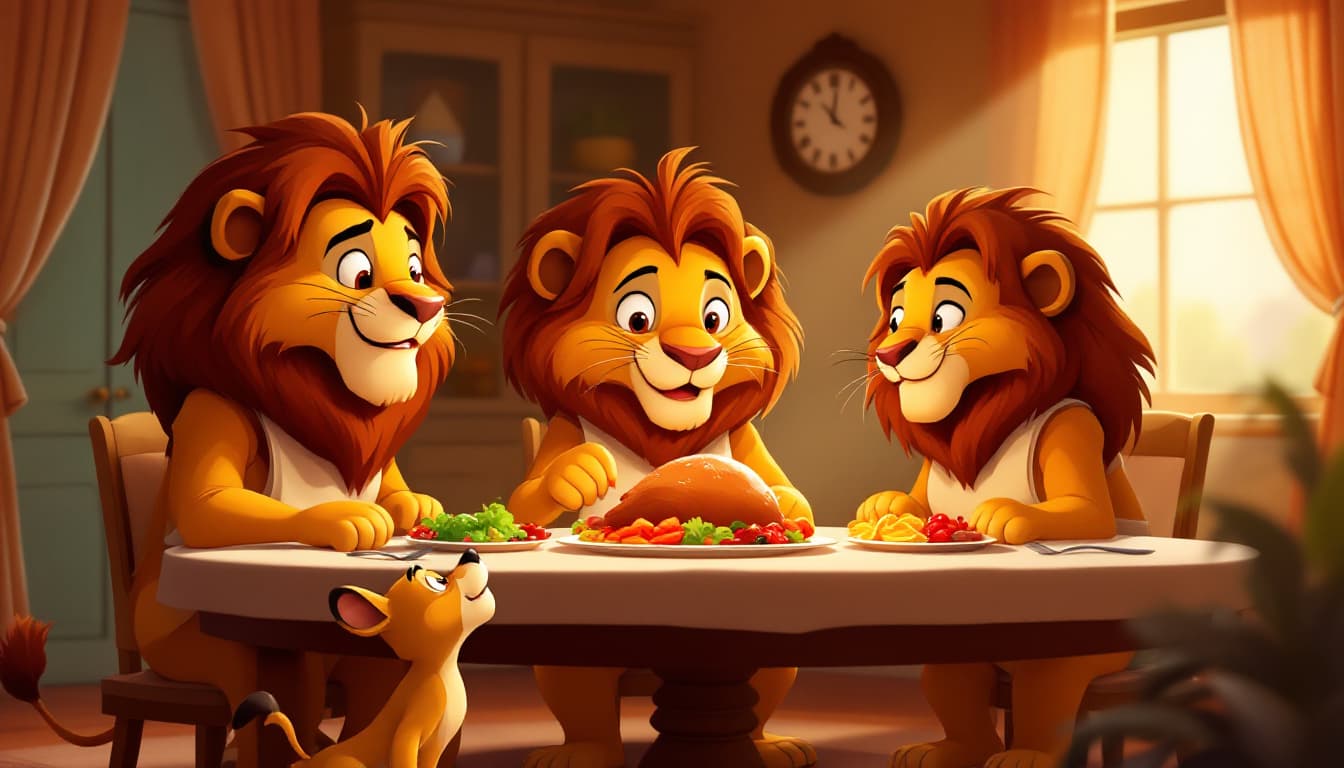 AI generated:  Cartoon scene loony tune style of lion family at a lunch table , eating turkey ,(salads and cutlery...