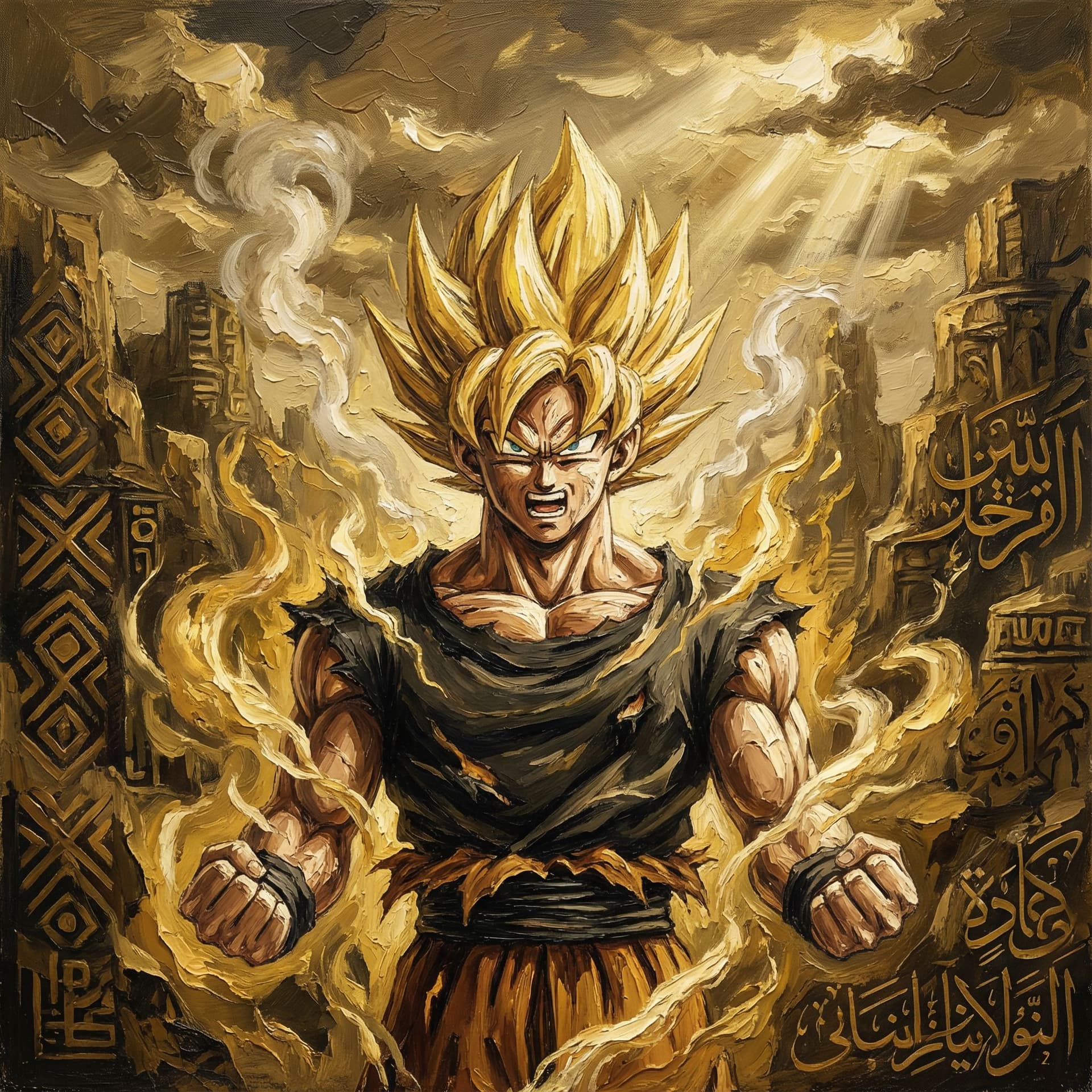 AI generated: dragon ball super wallpaper, in the style of dark yellow and dark beige, photo-realistic drawings, r...