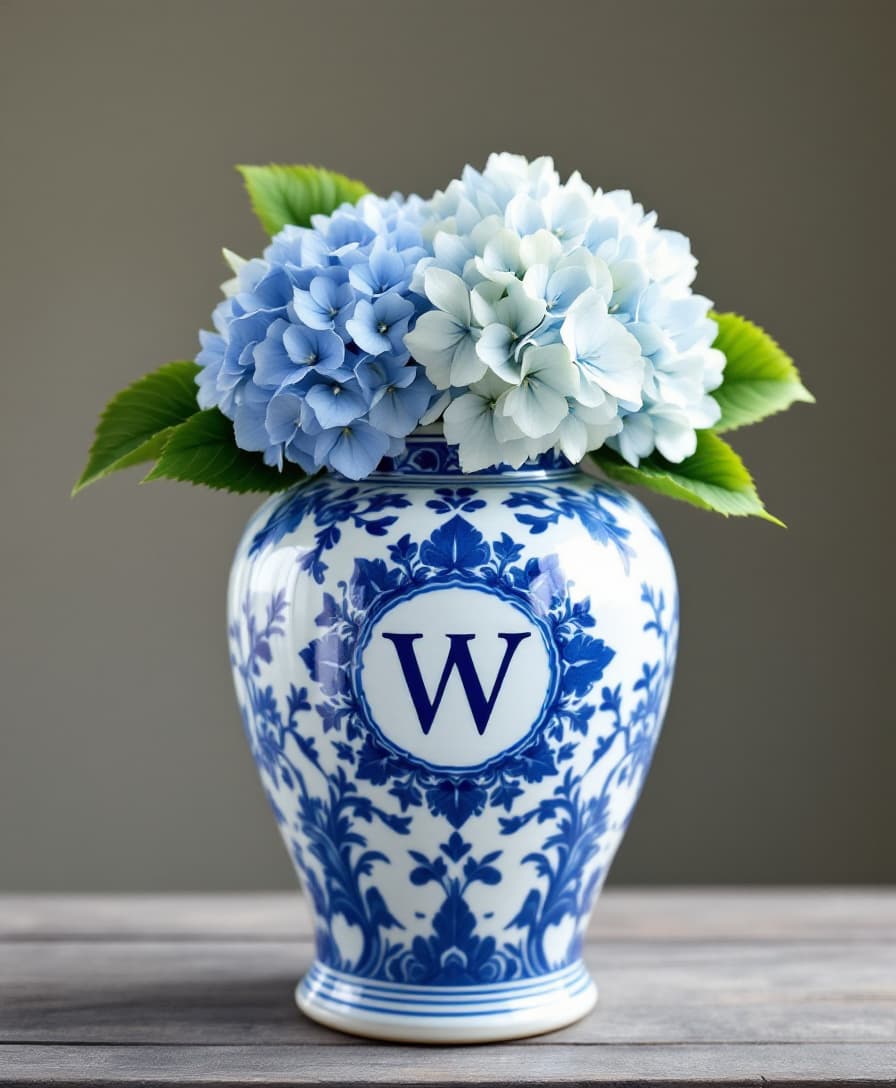 AI generated: create an image of a chinoserie ginger jar that is delft blue and white in color. Have a monogrammed...