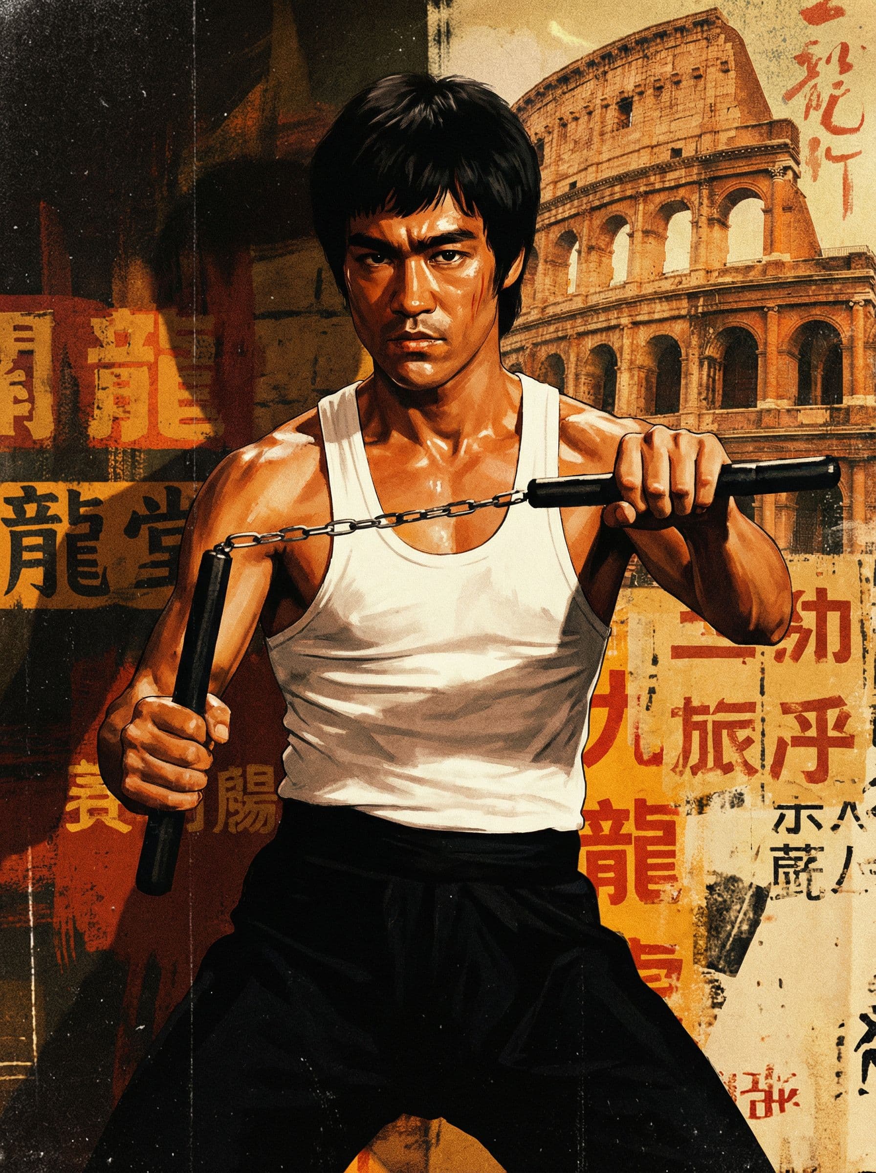 AI generated: A detailed illustration of Bruce Lee in his iconic role from the 1972 film "The Way of the Dragon," ...