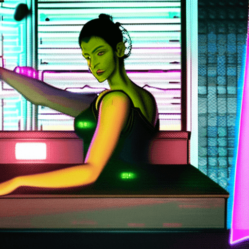 AI generated: ultra realistic - hyperrealism woman sitting at the counter of a futuristic cyberpunk bar wearing fu...