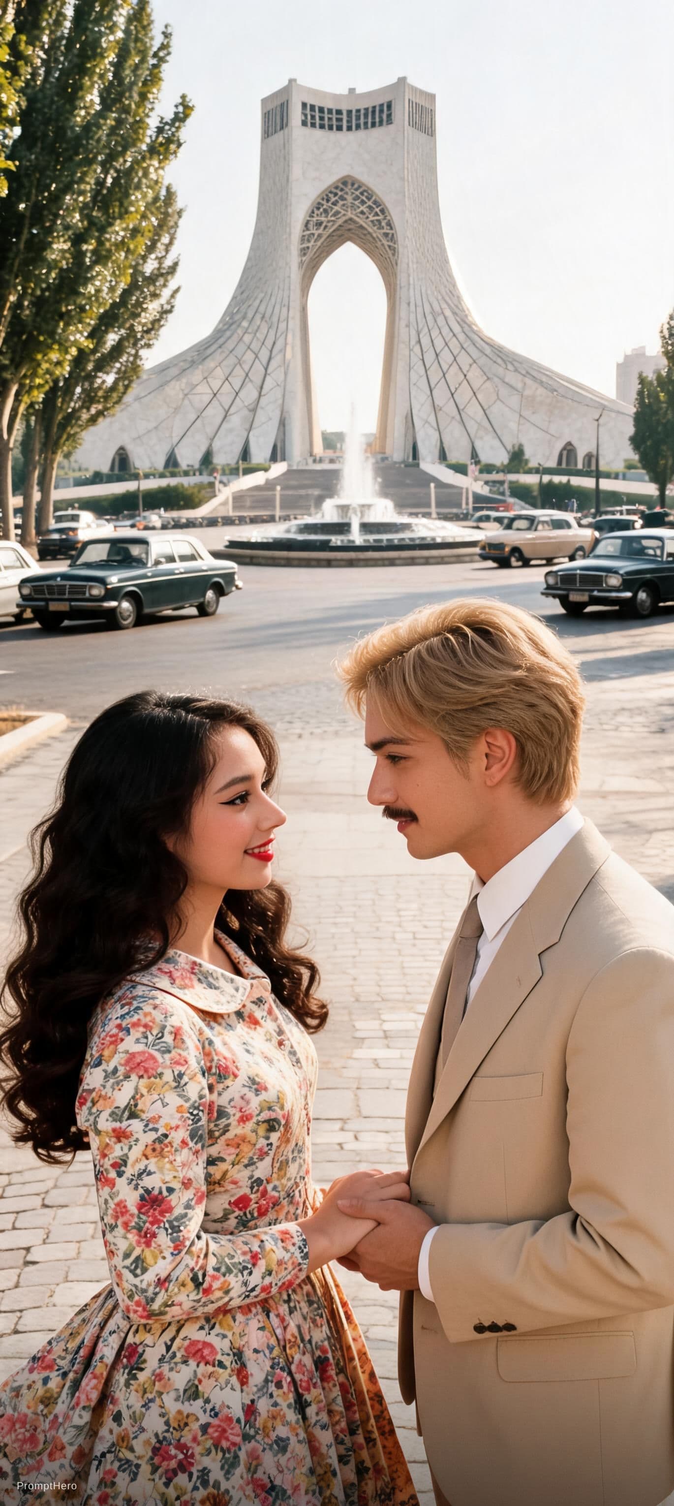 AI generated: The young couple from the 1950s stands in the heart of Tehran, with the iconic Azadi Square (formerl...