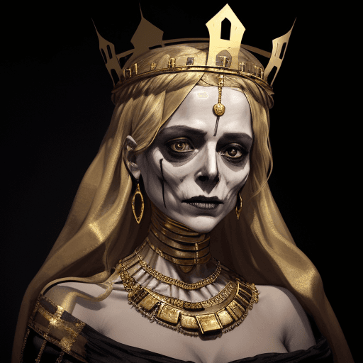 AI generated: The image features a dead old queen in full attributes, depicted as a mummy. She is wearing a crown ...