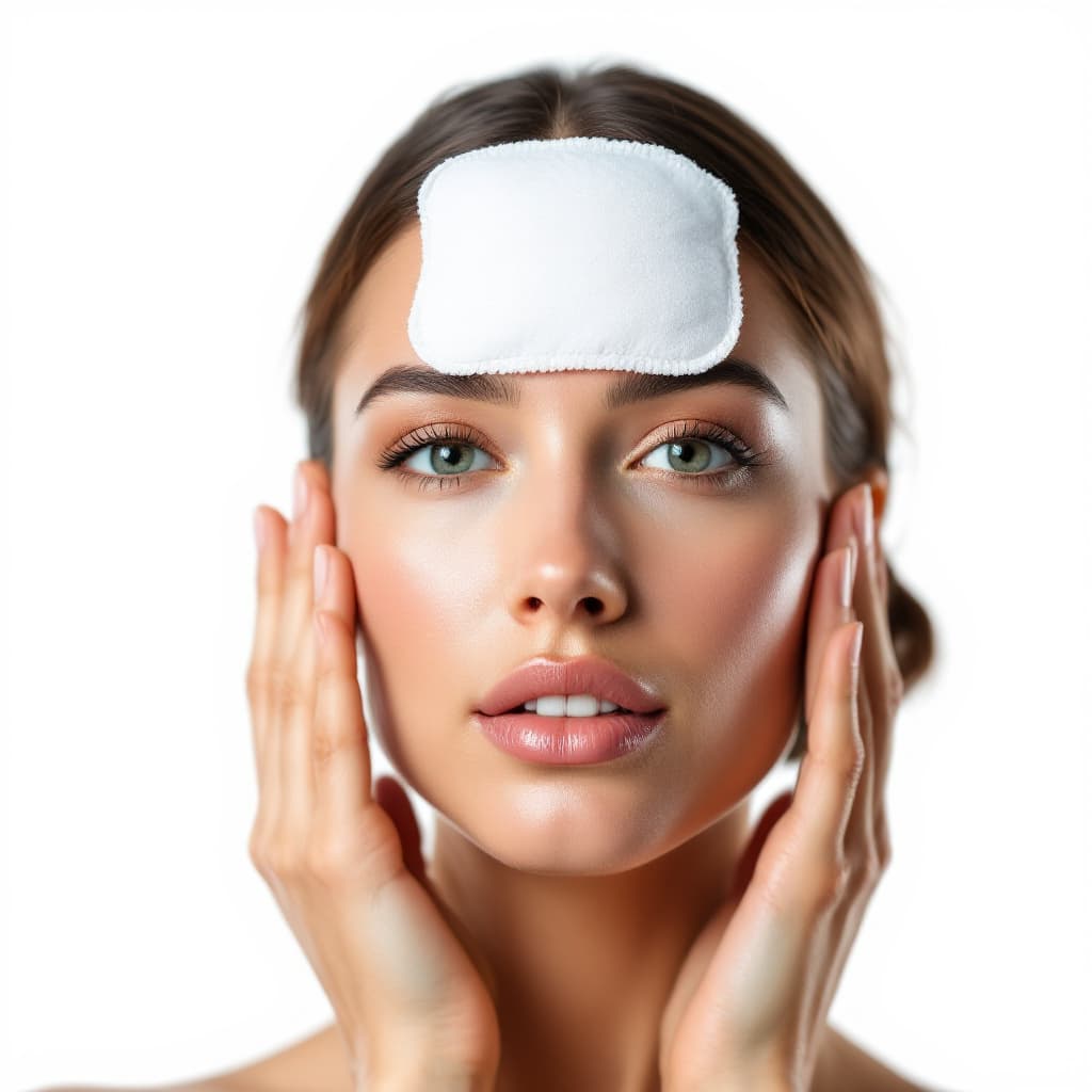 AI generated: A photo model with one cotton pad stuck to her forehead.
