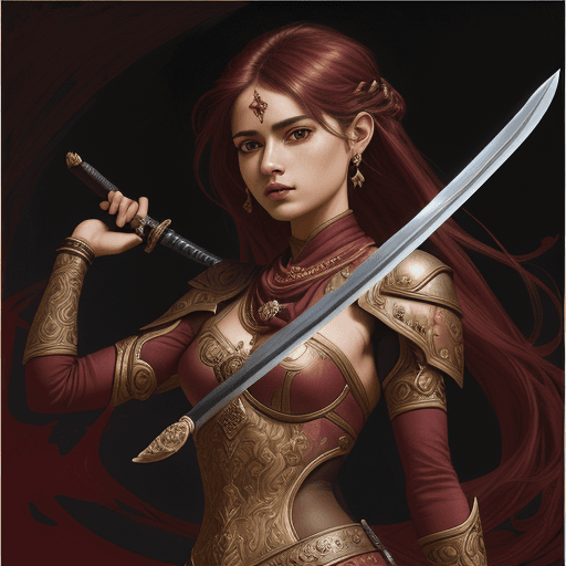 AI generated:  an artistic painting of a woman with a sword, in the style of david mann, dau al set, , maroon and ...