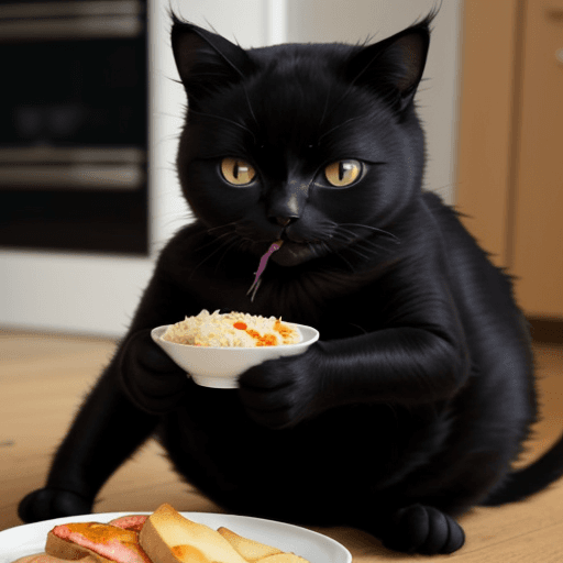 AI generated: fat black cat, eating