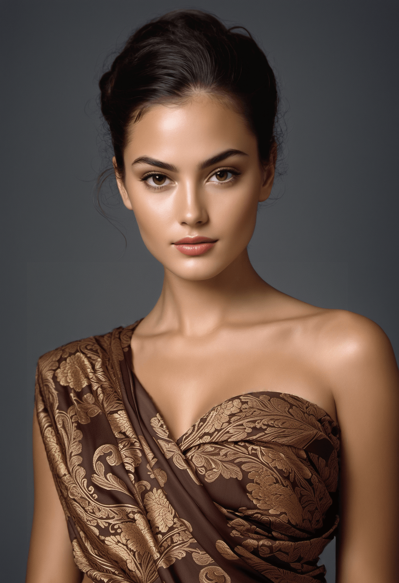 AI generated: A portrait of a young beautiful girl, under cut hair style, "slim with curves", Indonesian batik out...
