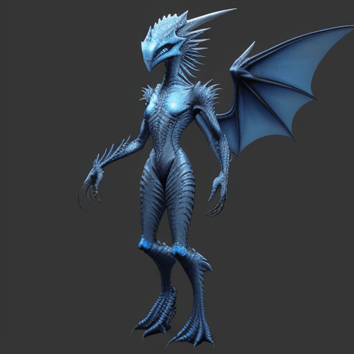 AI generated: draconic alien with sharp features blue skin and wings