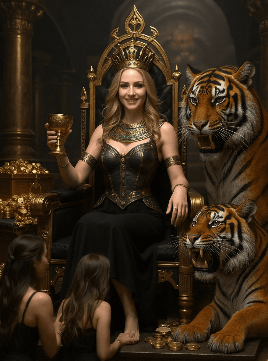 AI generated: A very beautiful queen sitting on a black throne made of gold, with a serpent-dragon and geometric s...