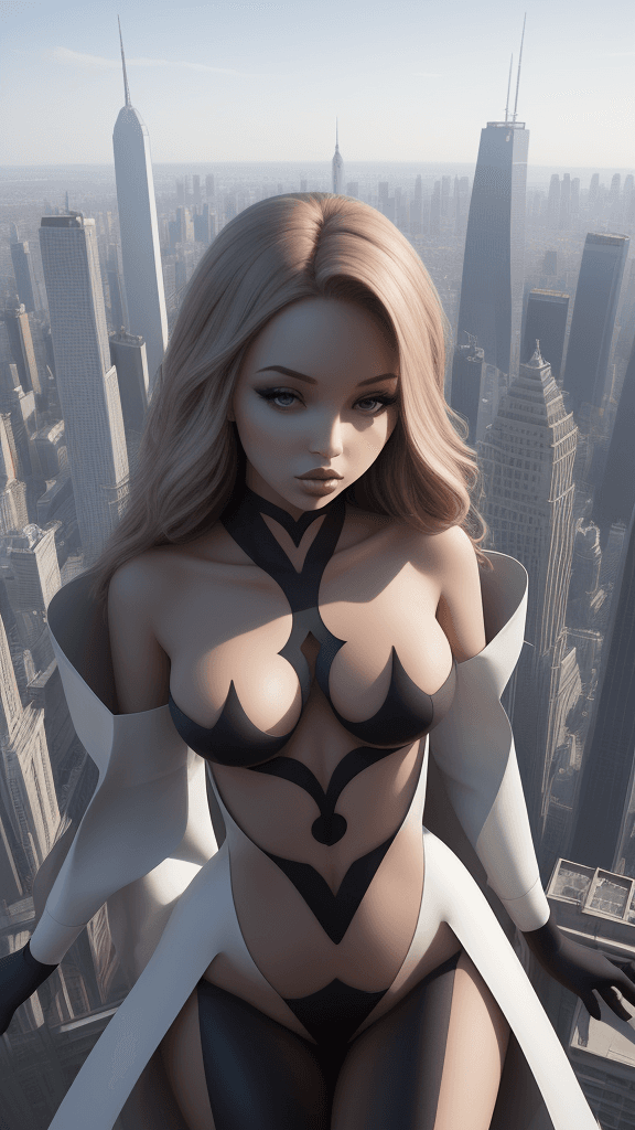 AI generated: adorned flawless
cutouts
poses spreading atop a towering skyscraper
her flawless
symmetrical figure ...