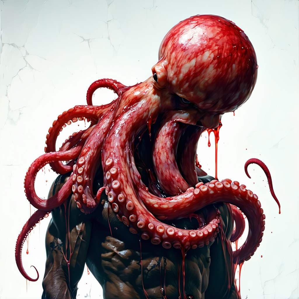 AI generated: Man’s erect penis with massive mushroom head glans that rupture from the force of a large tentacle r...
