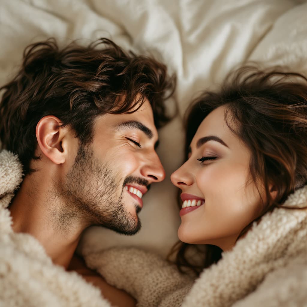 AI generated: A close-up shot of two people lying closely together in an intimate moment. The soft lighting enhanc...