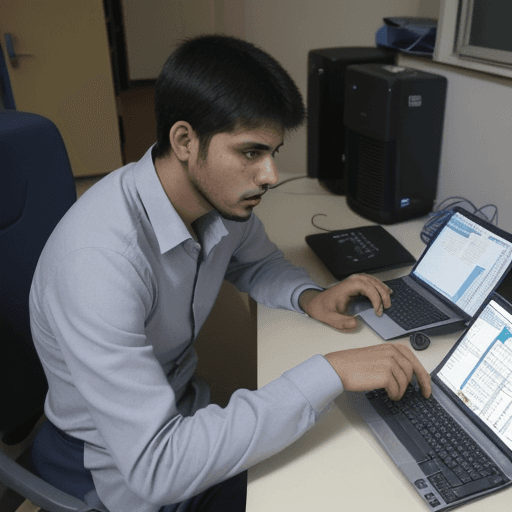 AI generated: a man siting using computer and very angry , at cybercenter college, around have lot people also usi...