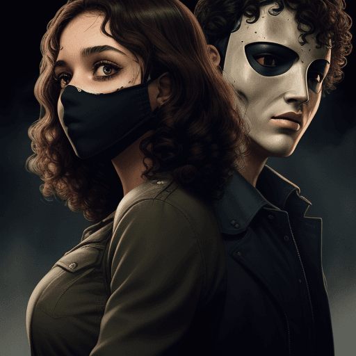 AI generated: thriller movie poster with a final girl with curly brown hair and olive skin and a masked killer