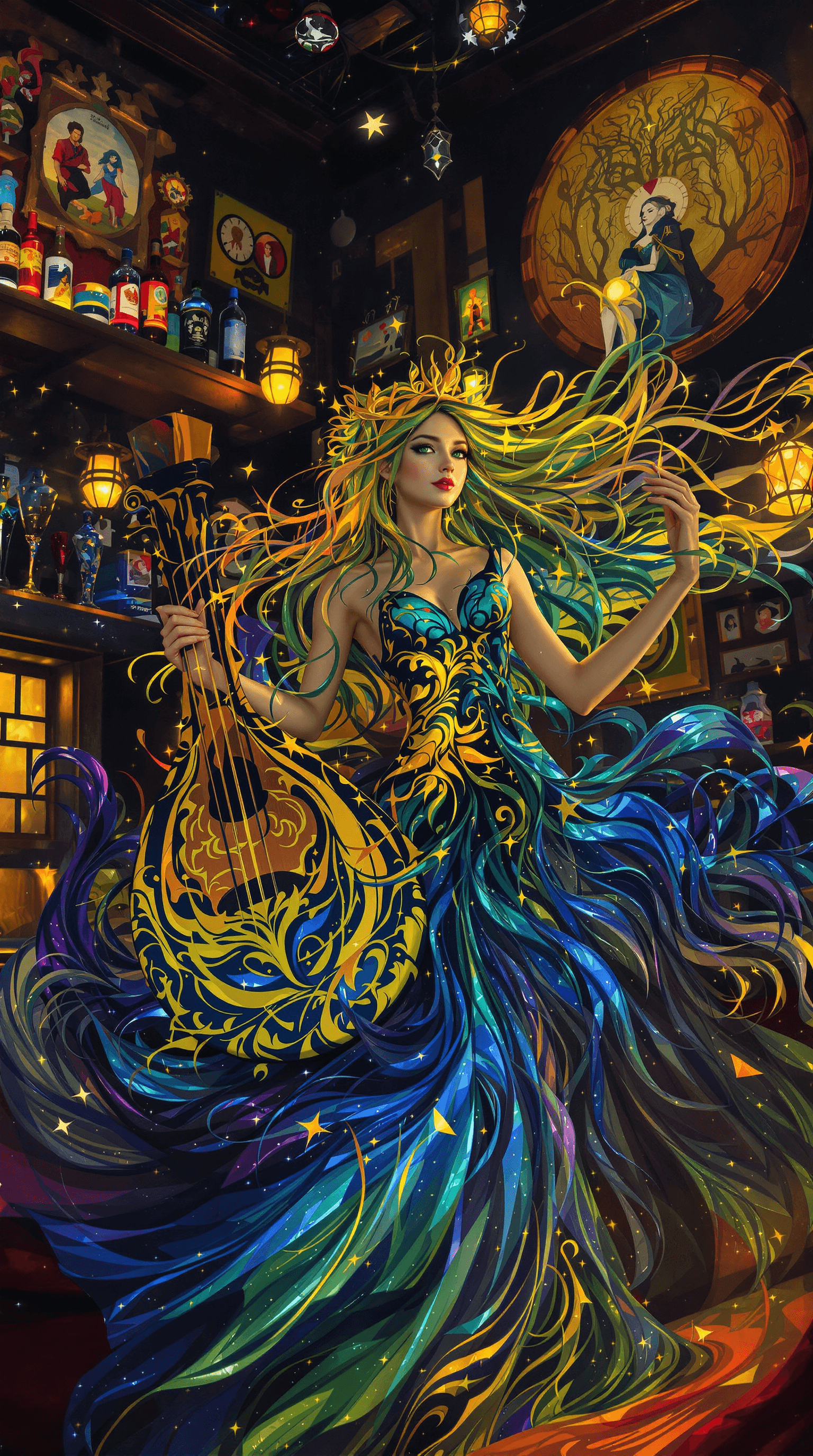 AI generated: A pretty, charismatic bard with a slender build, her long, flowing hair shimmering like liquid ink a...