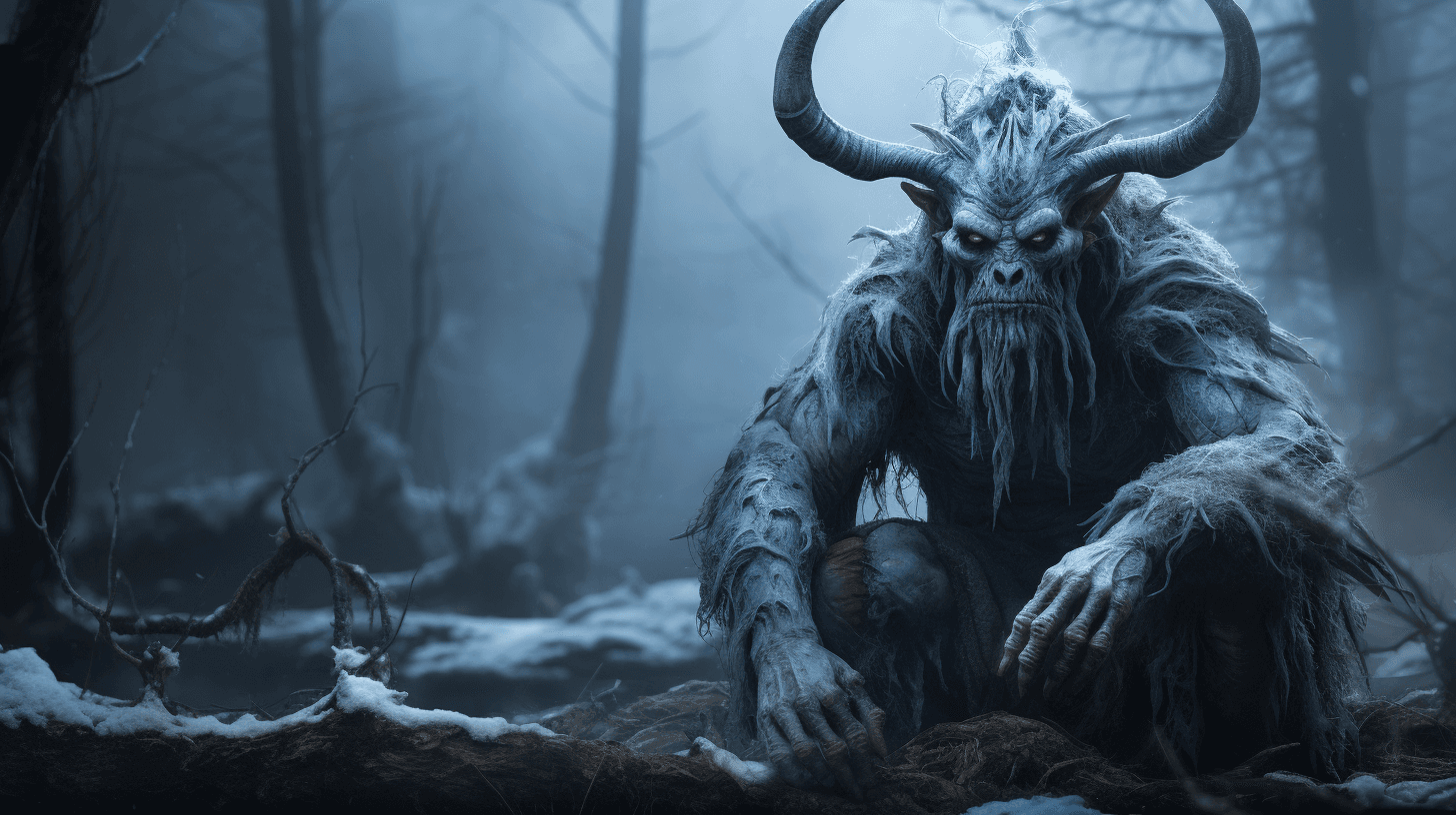 AI generated: scary horned ogre, 20 meter tall, full body, blue eyes, frozen taiga forest with magic mushrooms on ...