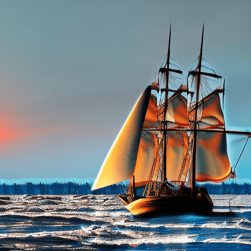 AI generated: Image of a highly realistic sailing ship at sea, capturing dramatic light, with a pale sunrise in th...