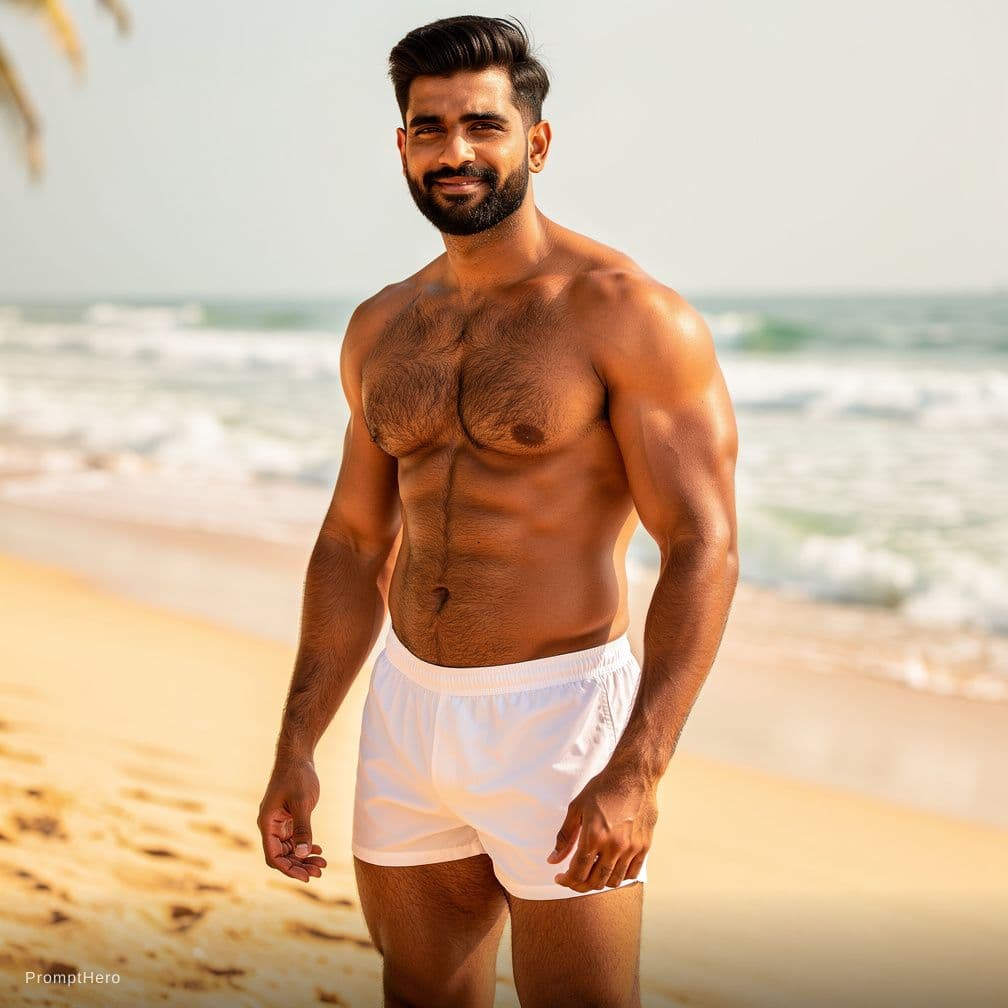 AI generated: Create a sexy image of a hairy Indian man wearing white swim thongs 