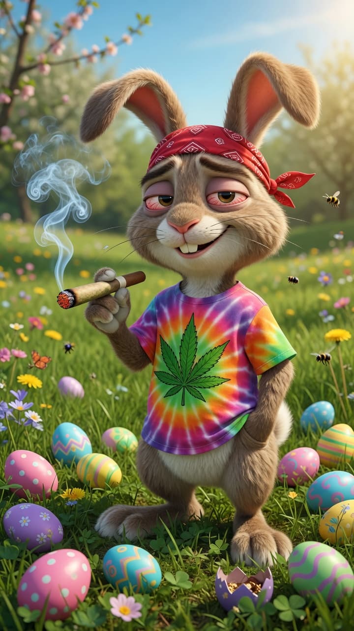 AI generated: A highly detailed anthropomorphic rabbit standing in a vibrant spring meadow, wearing a colorful tie...