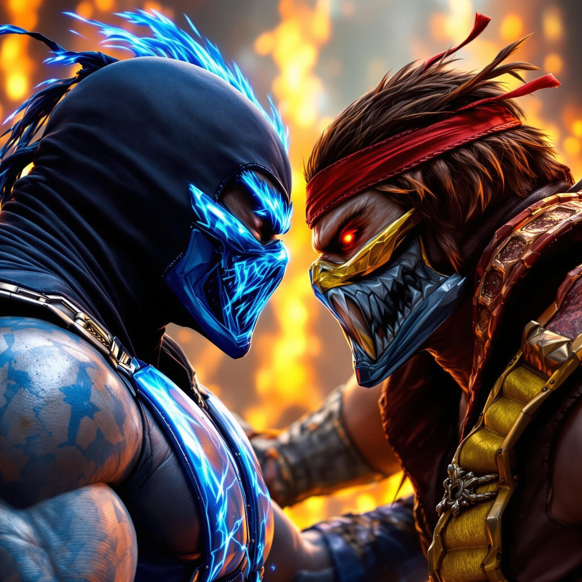 AI generated: Mortal Kombat Sub Zero versus Blanka from Street Fighter. Epic battle. Mortal Kombat versus Street F...