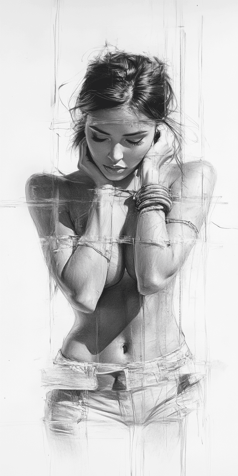 AI generated: Rough charcoal sketch on old paper, beautiful female figure, seductive pose, clean line art --chaos ...