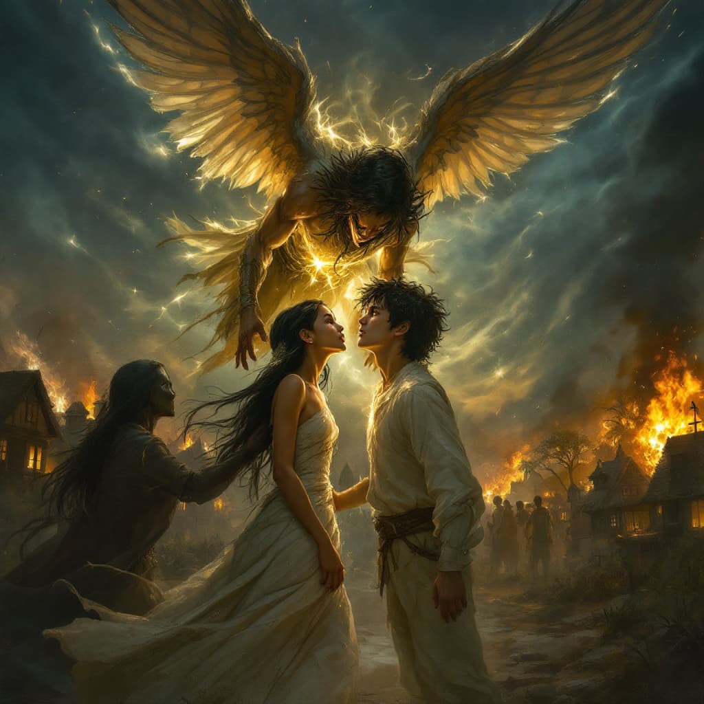 AI generated: A deeply emotional scene in which a peaceful village is under attack. The young boy, with glowing sk...