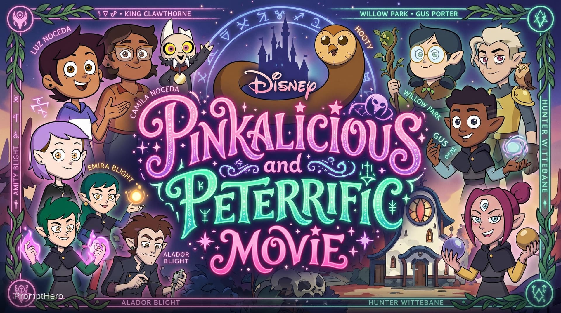 AI generated: Disney Pinkalicious and Petterrific Movie logo, featuring Luz Noceda, Camila Noceda, Amity Blight, E...