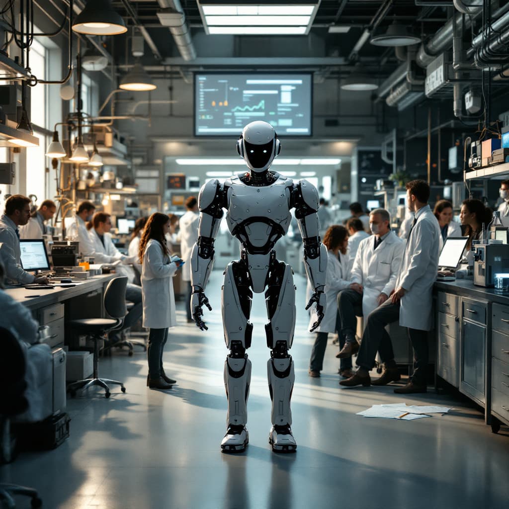 AI generated: A highly detailed cinematic shot capturing a bustling laboratory from the knees up, with a humanoid ...