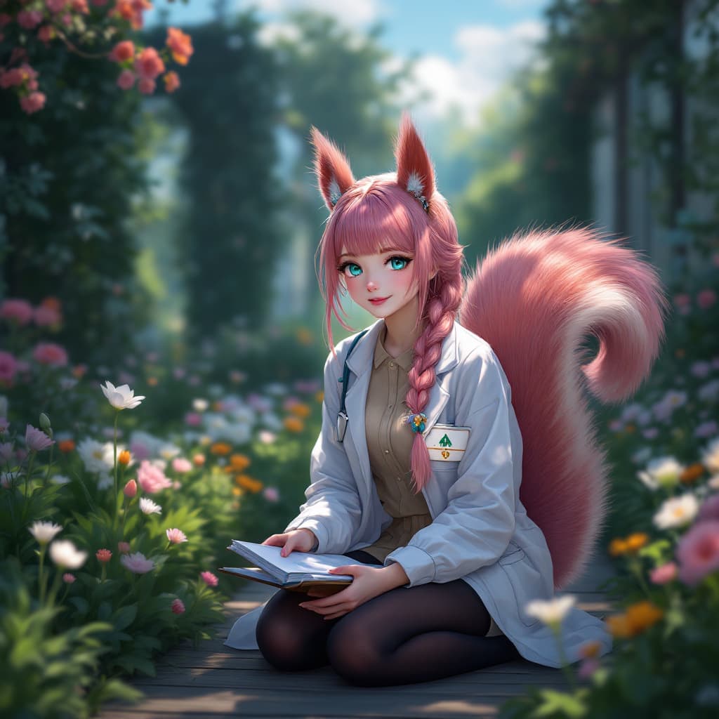 AI generated: 1 squirrel girl, emerald eyes, squirrel tail, squirrel ears, braided hair, (smile:0.9), (parted lips...