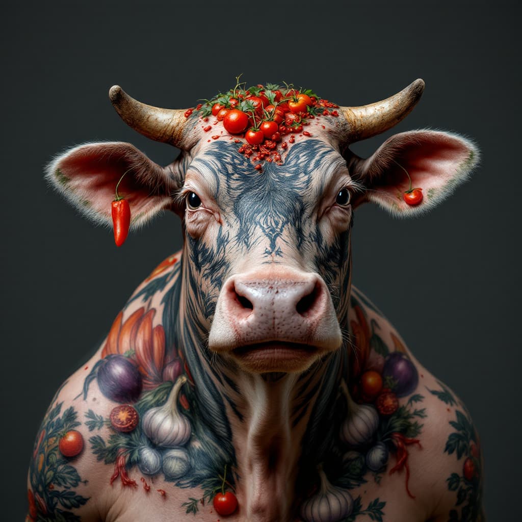 AI generated: photo close up, studio portrait, hairless big fat cow thin lines tattooed with tomatos, onions, cele...