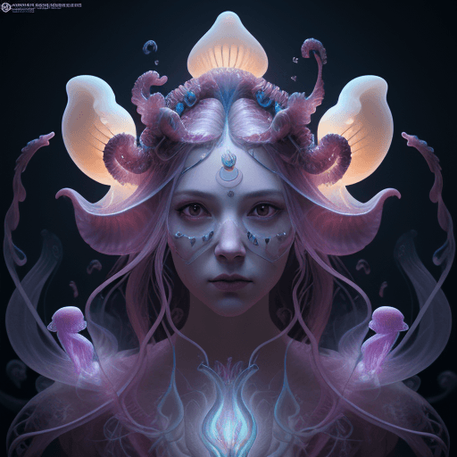 AI generated: Goddess close-up portrait ribcagel. jellyfish phoenix head, nautilus, orchid, skull, betta fish, bio...