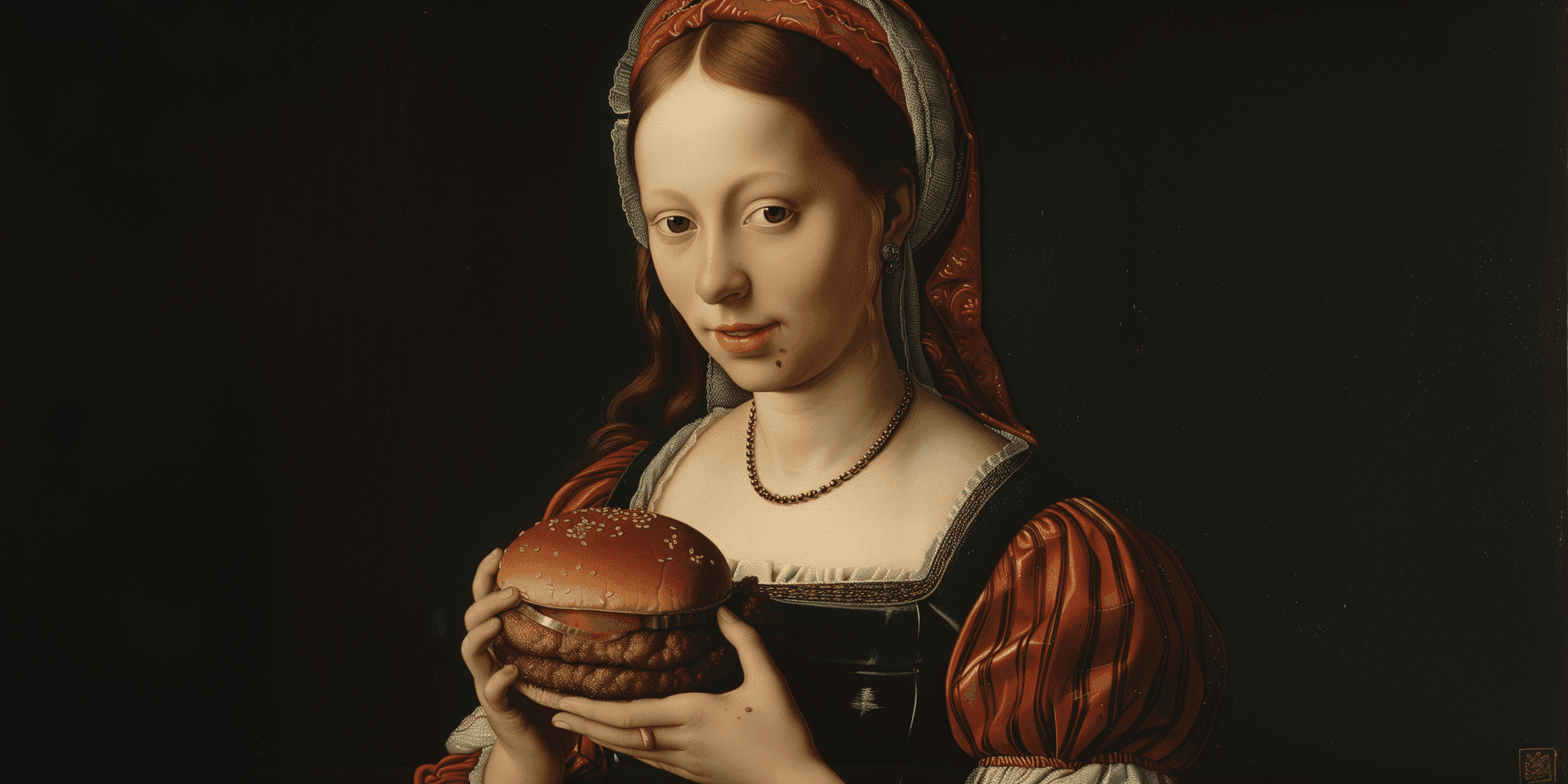 AI generated: Ambrosius Benson's painting depicting burger --s 200 --c 4 --v 6.0 --style raw --ar 2:1