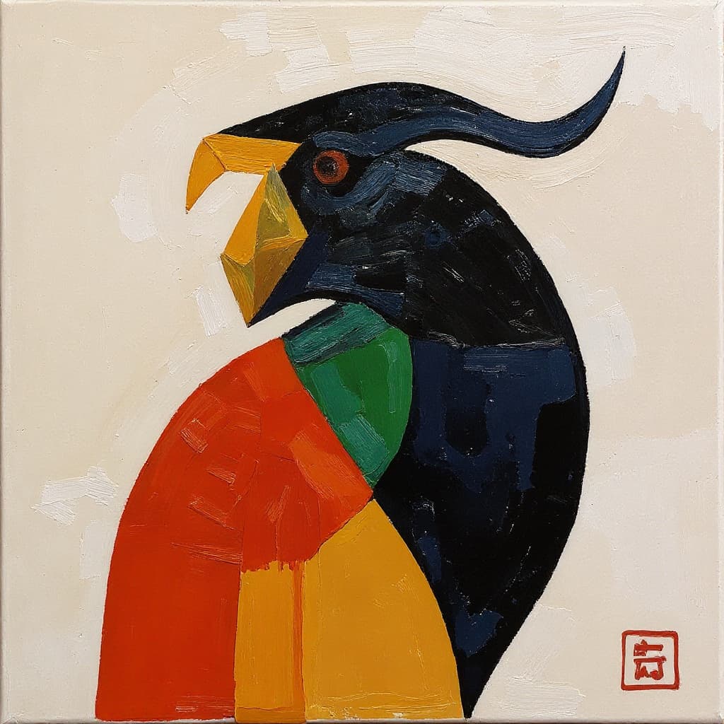 AI generated: Create an artwork similar to this one, same theme, style, etc. -- abstract style, with bird and japa...
