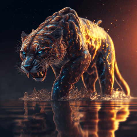 AI generated: POWERFUL scary look sabertooth made of water, fire background hyperdetailed, great photo, contrastin...