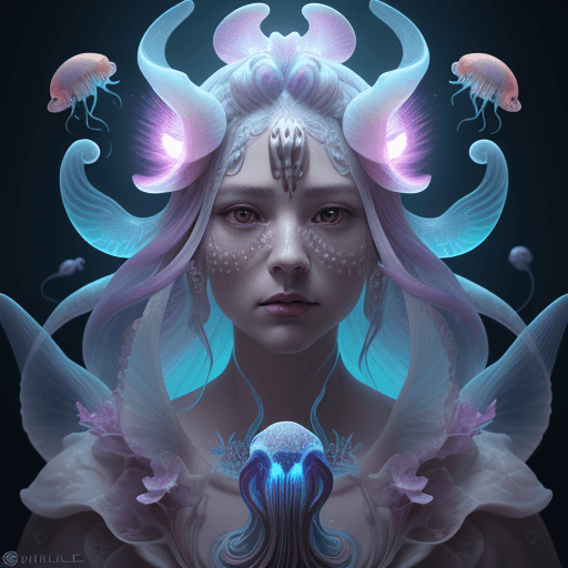 AI generated: Goddess close-up portrait ribcagel. jellyfish phoenix head, nautilus, orchid, skull, betta fish, bio...