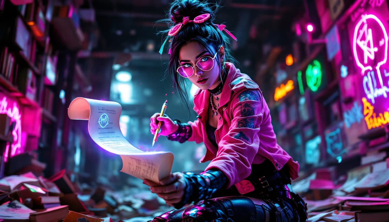 AI generated: An ultra-realistic, full-body action shot of a captivating neon-pink librarian, wielding knowledge w...